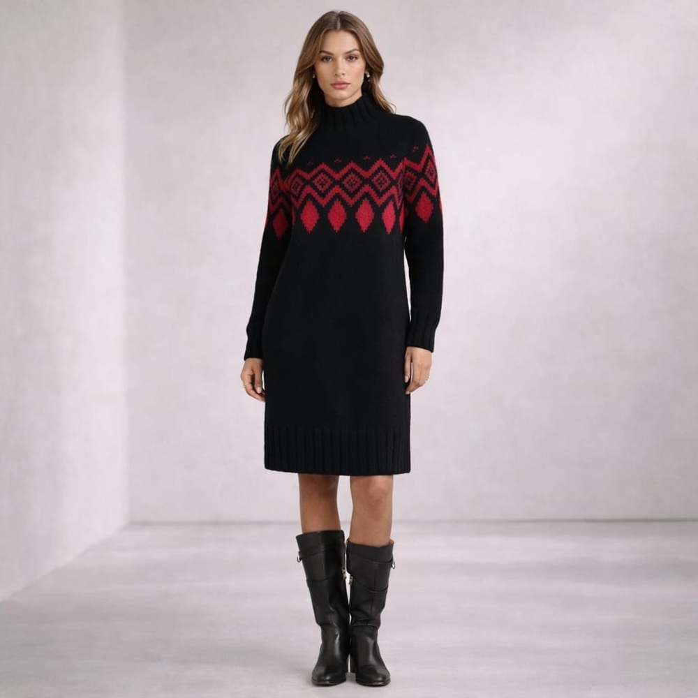Banana Republic NEW Sweater Dress WOOL YAK HAIR Size XS Black Red Fair Isle Knit